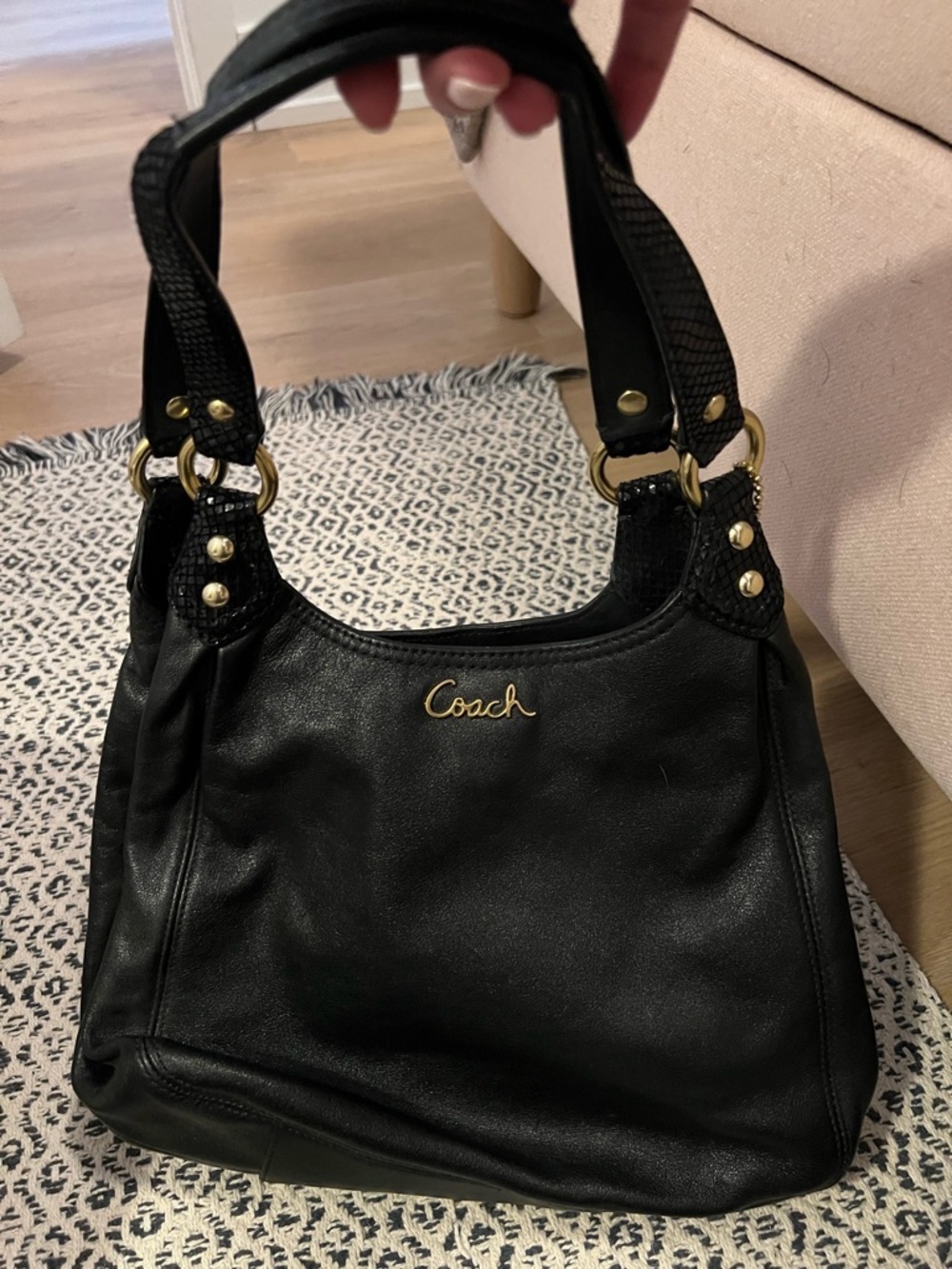 Coach Black Leather Shoulder Bag with Gold Accents